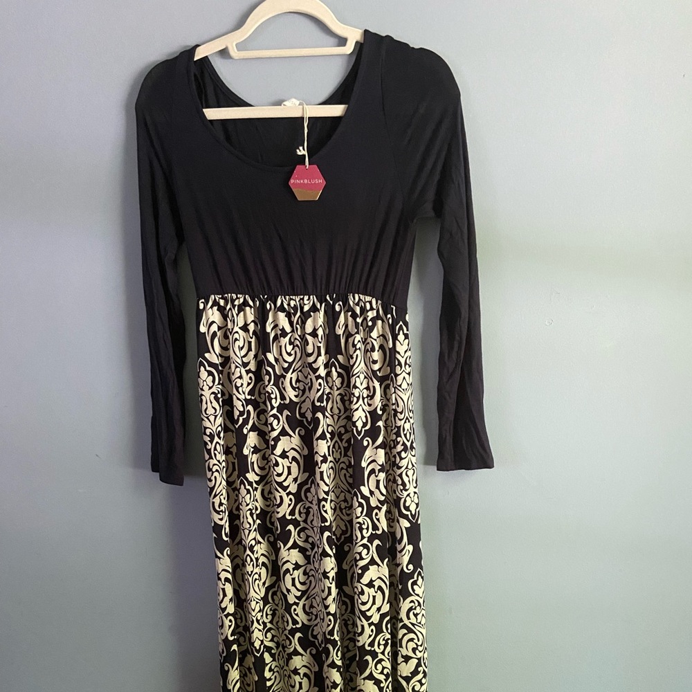 Navy blue long sleeve full length maternity dress